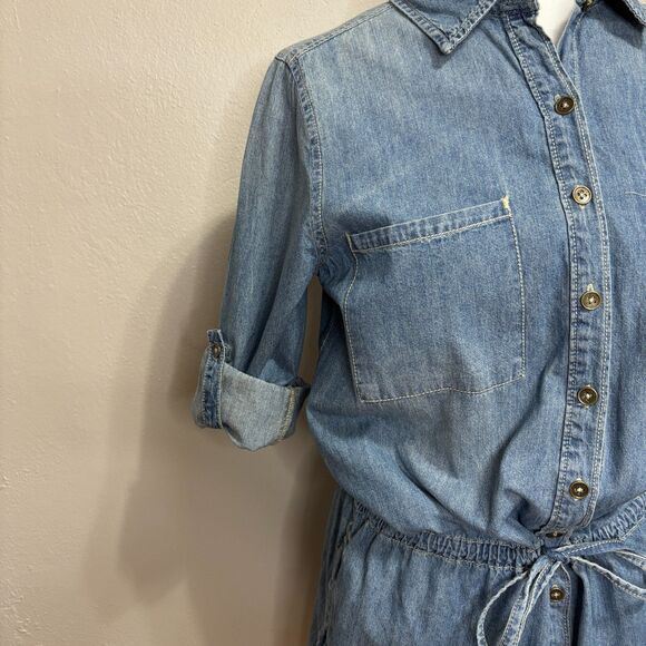 Denim Mini Shirt Dress Womens L Drawstring Waist Western Coastal Cowgirl Pockets - Picture 5 of 8